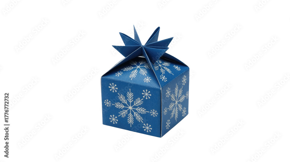 Fototapeta premium A festive blue gift box adorned with white snowflakes, featuring a unique star-fold top, perfect for winter holiday treats or small presents. background removed