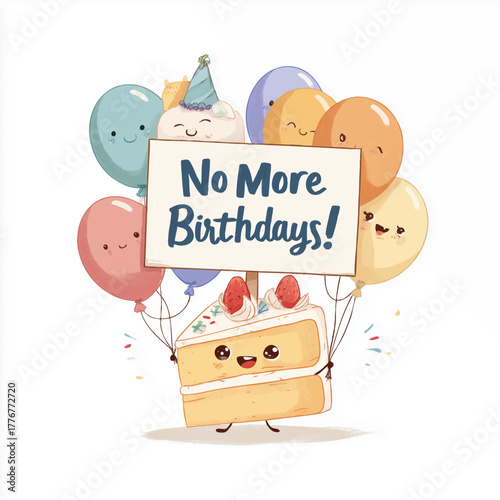 Grumpy Slice of Cake Holding Protest Sign “No More Birthdays!” Surrounded by Balloons – Funny Cartoon Vector Character on White Background