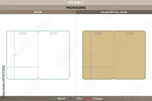 Hanging tag dieline drawn through vector refinement improving printing surface packaging fold half die line formation secures tag halves with durable hanging integrity