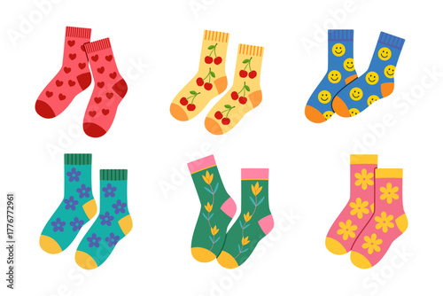 Colorful Patterned Socks with Hearts, Cherries, Flowers and Smiley Faces. Collection of Bright Fashion Socks with Fun Designs and Decorative Motifs. Stylish Hosiery Illustration in Vibrant Colors