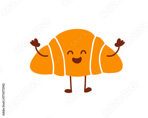 Cute smiling croissant character with arms, cheerful bakery and breakfast food illustration, French pastry, dessert mascot