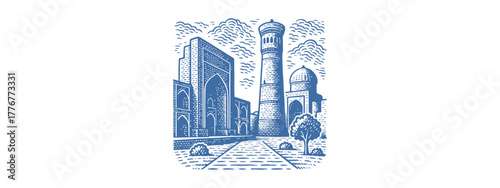 Samarkand City Drawing Poster Vector Design for Travel and Historic Architecture Uzbekistan Art	
