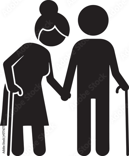 Black silhouette of an old couple holding hands