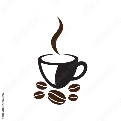 Warm aromatic coffee cup illustration with steaming beverage and scattered roasted beans, perfect for cafes, breakfast menus, or morning refreshment concepts