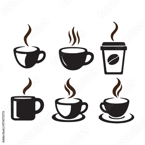 Collection of Coffee Cups with Steam and a To-Go Coffee Cup