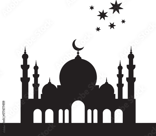Black silhouette of a mosque related to Muslims with crescent moon on the tomb and starts  in the sky