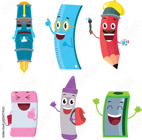 set of funny cartoon stationary set, editable file