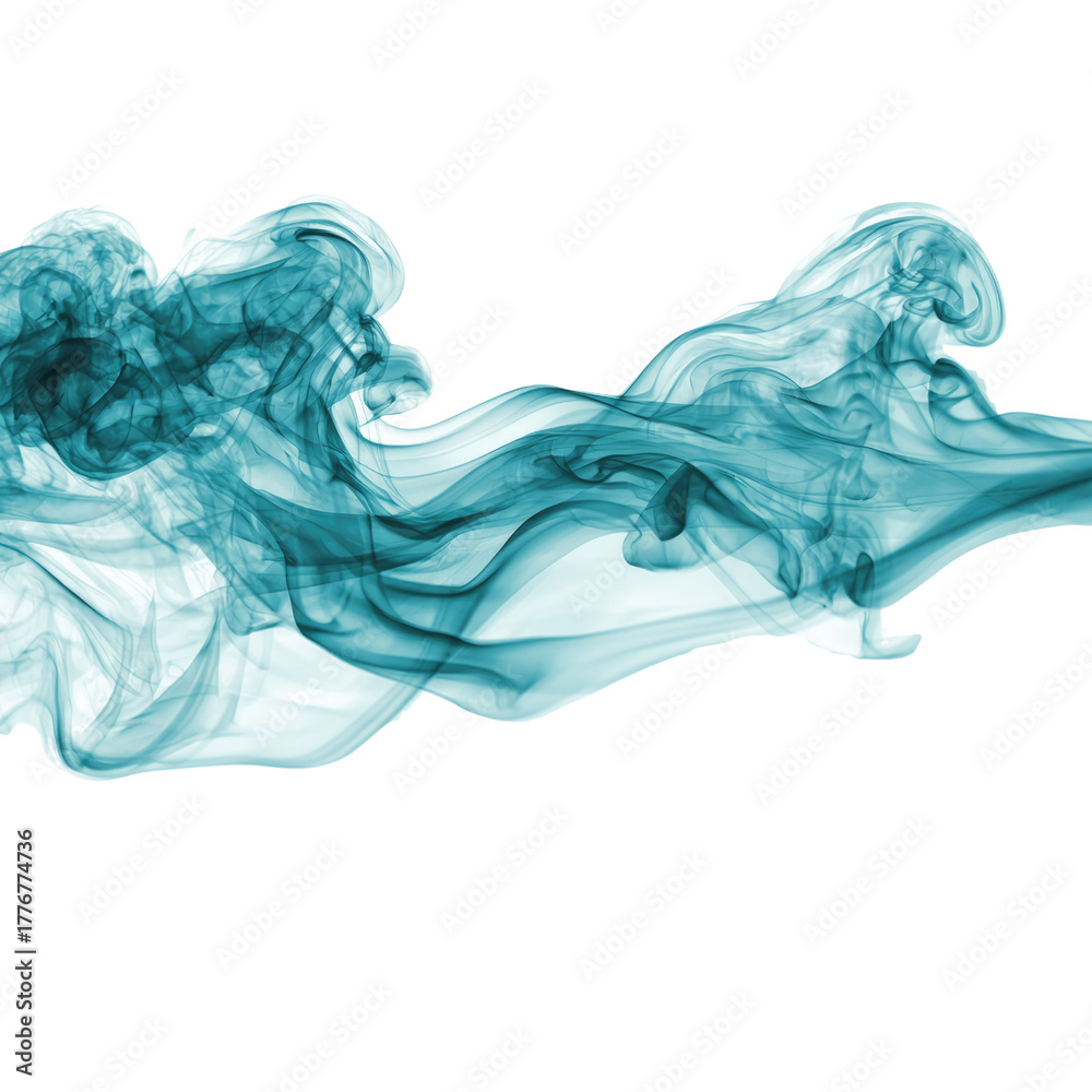 Fototapeta premium Dynamic teal smoke elegantly unfurls horizontally, creating a captivating abstract flow of translucent vapor against a solid background. background removed