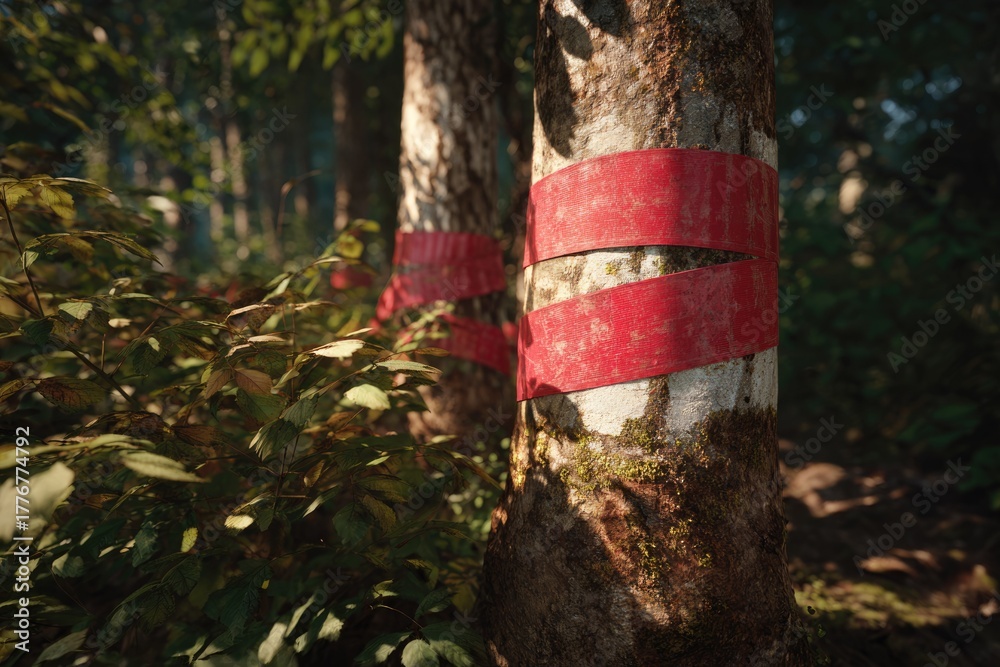 Fototapeta premium Two prominent trees in a lush, sun-dappled forest are distinctly marked with weathered red bands, suggesting a boundary or special purpose.