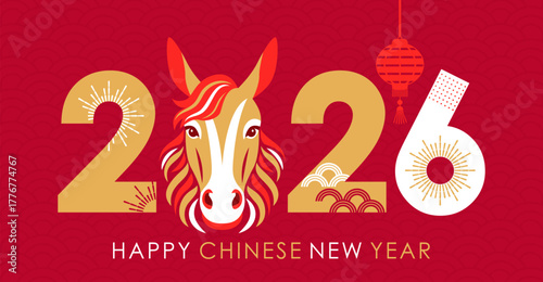 Congratulatory banner or card. 2026 is the Year of the Horse according to the Chinese zodiac. Chinese flowers, lanterns, fans, clouds, and bamboo serve as decorations. Golden vector illustration.