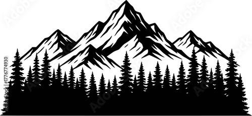 Majestic mountain range with a dense pine forest, rendered in a striking black and white vector illustration, capturing the serene grandeur of untouched wilderness