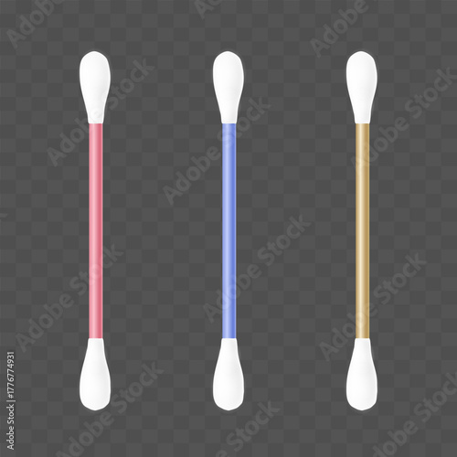 Cotton swabs. Vector 3D illustration isolated on a dark background.
