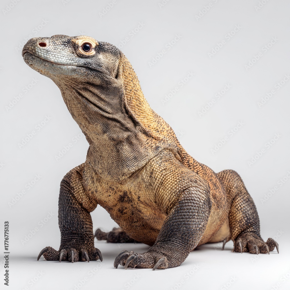 Obraz premium A majestic Komodo dragon, or large monitor lizard, poses against a clean white background, highlighting its detailed scales and powerful structure.