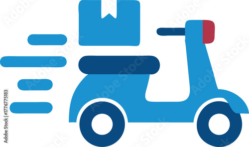 Blue scooter is delivering a box swiftly; a fast icon suitable for delivery
