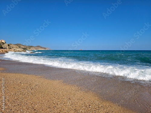 Tableau sur toile peaceful seaside with soothing waves, tranquil coastal scene with warm hues and