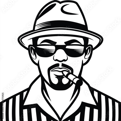 Confident man wearing sunglasses and hat is smoking a cigar in black and white