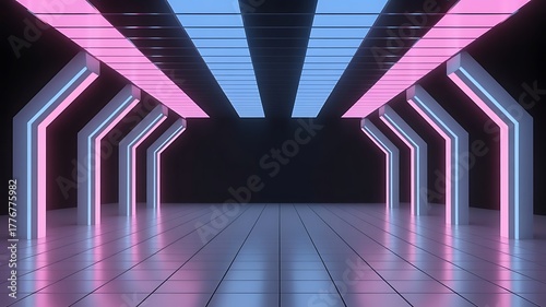 Fototapeta Naklejka Na Ścianę i Meble -  Futuristic neon corridor with pink and blue lights and tiled floor tunnel hallway