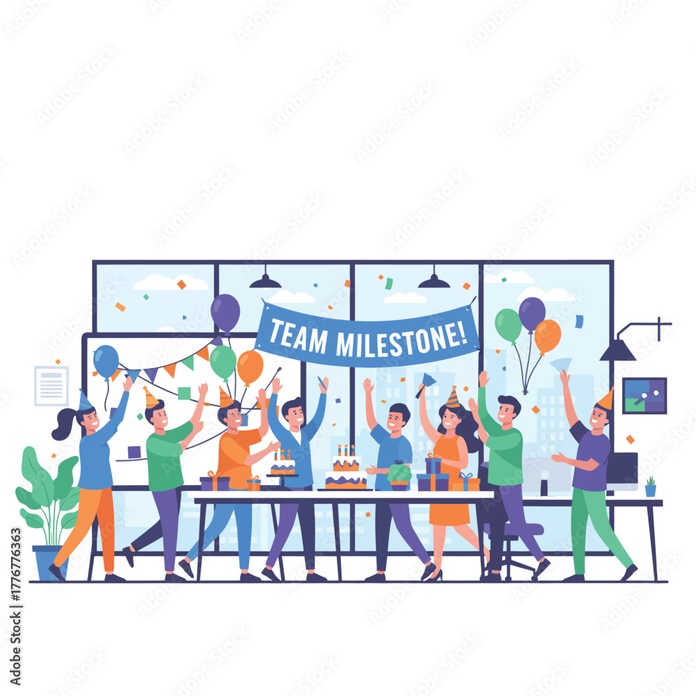 Fototapeta premium Office scene of people decorating the workplace, teamwork, celebration