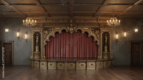 Ornate antique theater stage with red velvet curtains and golden accents image