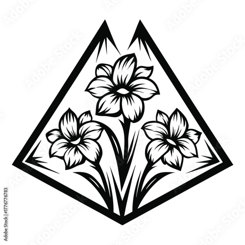 Flowers in Black Outline Diamond Shape on White Background Modern
