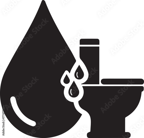 Black and white icon of a toilet with dripping water drops next to a large water droplet plumbing