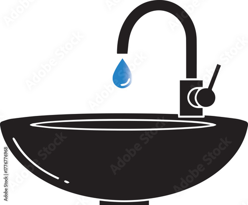 Black bathroom sink with a chrome faucet and a single blue water drop falling vector