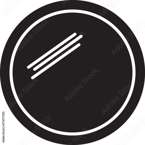 Black circle with white outline and three white diagonal lines reflecting light reflection