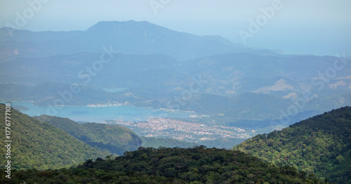 Panoramic aerial view of the bay of Paraty in Rio de Janeiro, Brazil. View from Pedra da Macela rock peak