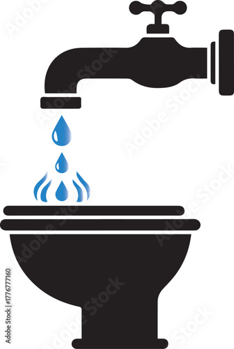 Black faucet with dripping blue water into a black basin with blue water splashes drops
