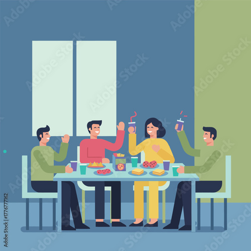 Coworkers sitting around a decorated table