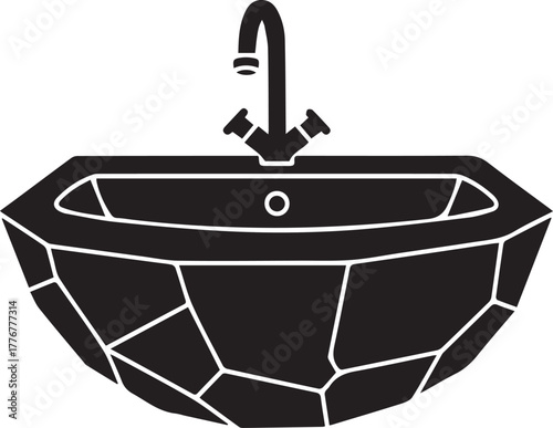 Black silhouette of a modern geometric faceted sink with a faucet and drain bathroom plumbing