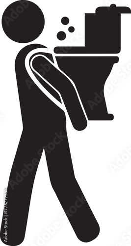 Black silhouette of a person carrying a toilet bowl with water droplets vector