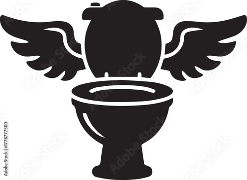 Black silhouette of a toilet with feathered wings on a white background flying