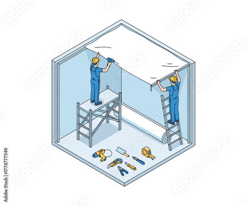 Isometric illustration of workers installing stretch ceiling during renovation