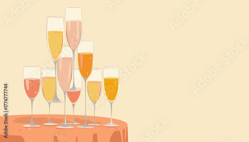 Champagne glasses pyramid on a table with a copy space for celebration themes