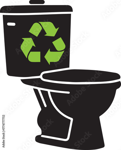 Black toilet with green recycling symbol on tank against white background vector