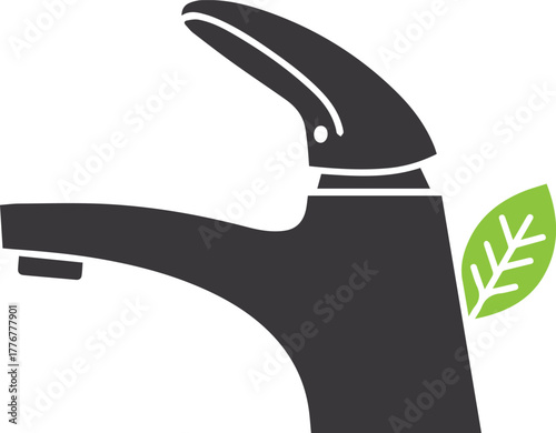 Dark gray faucet with green leaf symbol on white background water plumbing