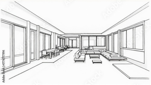 A drawing of a living room with a couch and a table