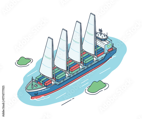 Isometric illustration of cargo container ship with wind sails technology