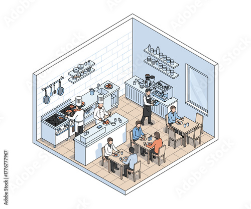 Isometric illustration of chef working in restaurant professional kitchen
