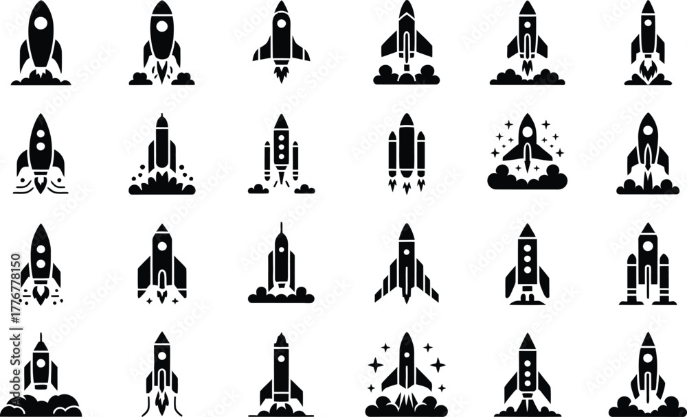 Naklejka premium Collection of diverse black silhouette rocket ship icons and illustrations representing space exploration and futuristic travel launching into the sky with stylized flames and exhaust