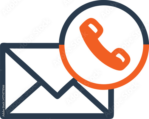 Isolated icon featuring a dark envelope with orange telephone in a circle signifies contact