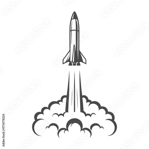 Launching Rocket with Exhaust Smoke Isolated on White Background