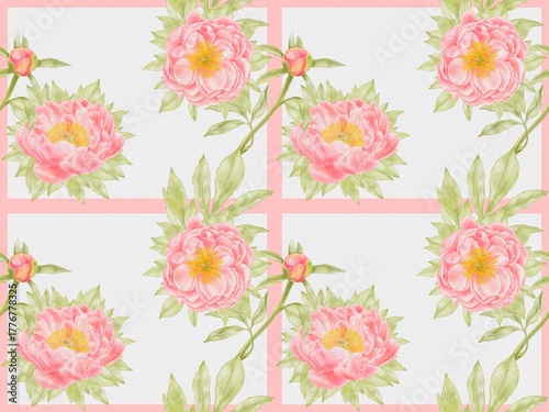 Coral Peonies Seamless Pattern – Watercolor Floral Design on White Background