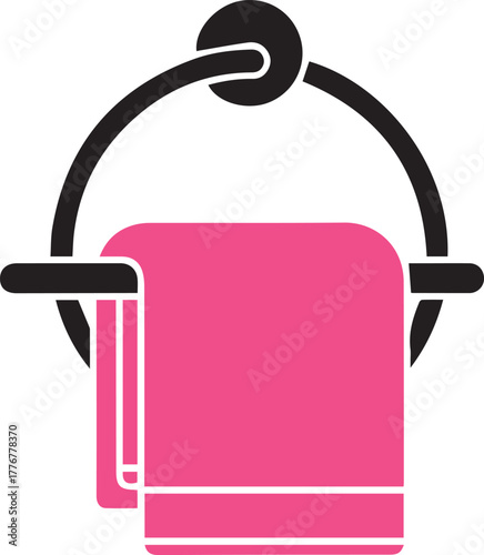 Pink towel hanging on a black towel rack with white outlines bathroom hygiene