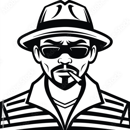 Man with goatee and sunglasses, wearing a hat and striped jacket smokes