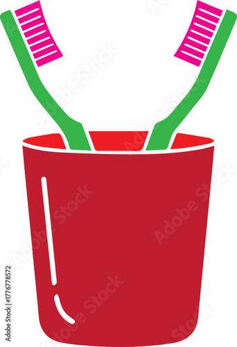 Two green toothbrushes with pink bristles in a red cup on a white background vector