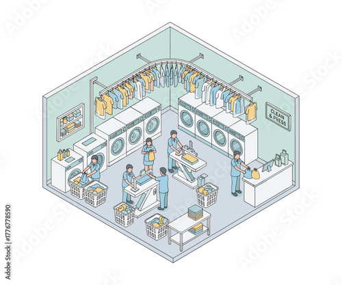 Isometric illustration of laundry service with workers and machines