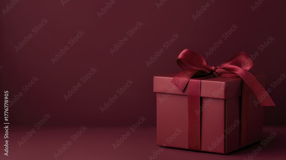 Fototapeta premium Elegant burgundy gift box with ribbon on minimalist background for celebrations and holidays