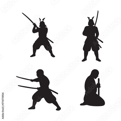 Dynamic Japanese Samurai Warrior Silhouettes with Katanas in Various Action Poses